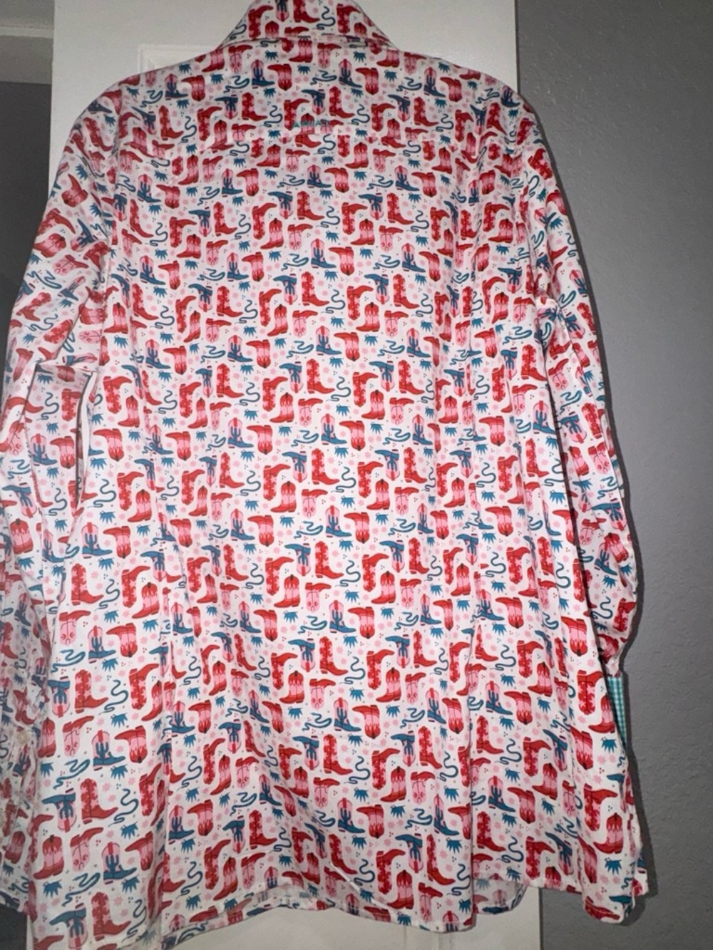 Ariat White Button-Down Shirt with Red and Teal Boot Print - Picture 5 of 7
